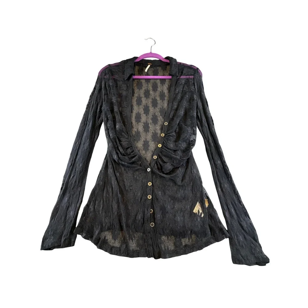 Free People Black Floral Lace Ruched V-Neck Long Sleeve Blouse Medium